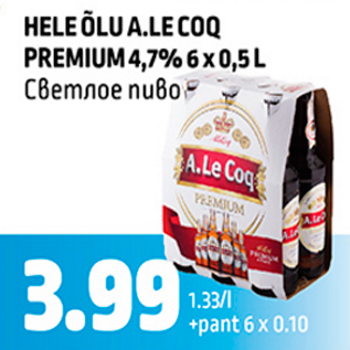 Allahindlus - HELE ÕLU A.LE COQ PREMIUM, 4,7%, 6 X 0,5 L