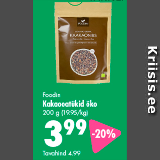 Allahindlus - Foodin Kakaooatükid öko 200 g