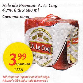 Allahindlus - Hele õlu Рrеmium А. Le Coq,4,7%,6 tk х 500 ml