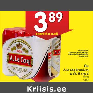 Allahindlus - Õlu A.Le Coq Premium, 4,7%, 6 x 50 cl