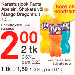 Allahindlus - Karastusjook fanta Apelsin, Shokata või Mango Dragonfruit 1,5 l