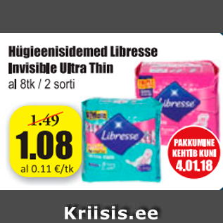 Allahindlus - Hügieenisidemed Libresse Invisible Ultra Thin