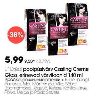 Allahindlus - L"Oreal poolpüsivärv Casting Creme Gloss, erinavad värvitoonid 140ml