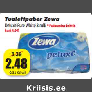 Allahindlus - Tualettpaber Zewa Deluxe Pure White 8 rulli*