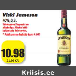 Allahindlus - Viski Jameson 40%, 0,5L