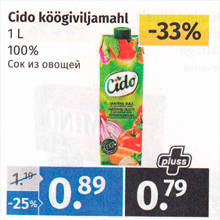 Allahindlus - Cido köögiviljamahl 1 L 100%