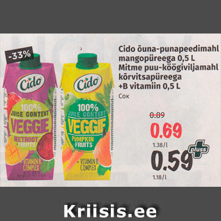 Allahindlus - Cido õuna-punapeedimahl mangopüreega 0,5 L Mitme puu-köögiviljamahl kõrvitsapüreega +B vitamiin 0,5 L