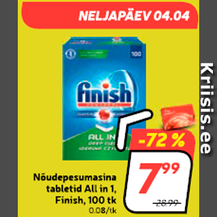 Allahindlus - Nõudepesumasina tabletid All in 1, Finish, 100 tk