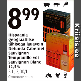 Allahindlus - Hispaania geograafilise tähisega lauavein Detunda Cabernet Sauvignon Tempranillo või Sauvignon Blanc