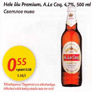 Allahindlus - Hele õlu Premium, A.Le Cog, 4,7%, 500 ml