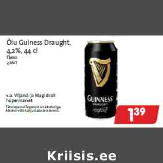 Allahindlus - Õlu Guiness Draught, 4,2%, 44 cl