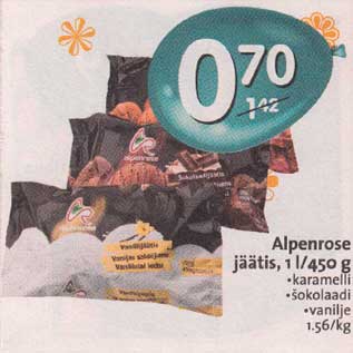 Allahindlus - Alpenrose jäätis, 1l/450g .karamelli .šokolaadi .vanilje