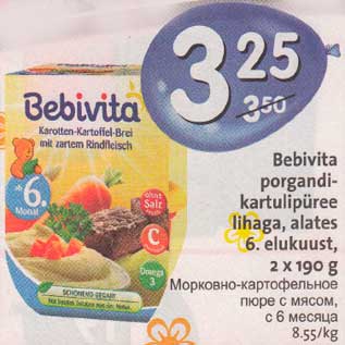 Allahindlus - Bebivita porgandikartulipüree lihaga, alates 6. elukuust,2х190g