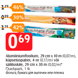 Allahindlus - Alumiiniumfoolium, 29 cm x 10 m (0,07/m), küpsetuspaber, 4 m (0,17/m) või säilituskile, 29 cm x 30 m (0,02/m)*