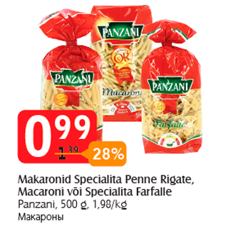 Allahindlus - Makaronid Specialita Penne Rigate, Macaroni või Specialita Farfalle