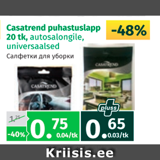 Allahindlus - Casatrend puhastuslapp 20 tk, autosalongile, universaalsed