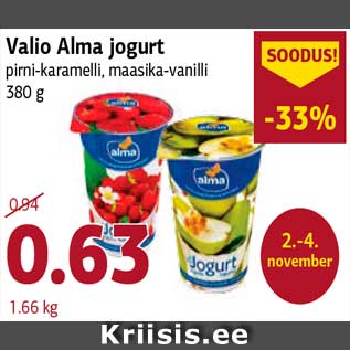 Allahindlus - Valio Alma jogurt pirni-karamelli, maasika-vanilli 380 g