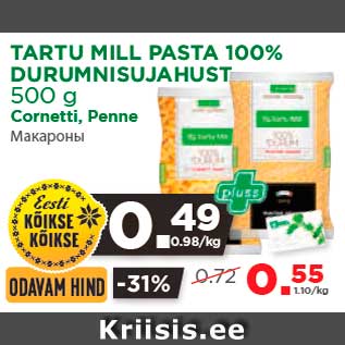 Allahindlus - TARTU MILL PASTA 100% DURUMNISUJAHUST 500 g