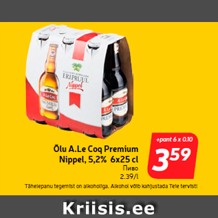 Allahindlus - Õlu A.Le Coq Premium Nippel, 5,2% 6x25 cl