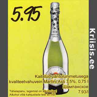 Allahindlus - Kaitstud paritolunimetusega kvaliteetvahuvein Martini Asti 7,5%, 0,75 l