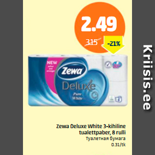 Allahindlus - Zewa deluxe White 3-kihiline tualettpaber, 8 rulli