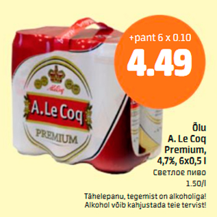 Allahindlus - Õlu A.Le Coq Premium, 4,7%, 6x0,5 l