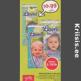 Allahindlus - Мähkmеd Libero Jumbо pakk . Ваbу Soft Midi 5-8 kg, 68 tk /0.16/tk . Соmfоrt Fit Maxi+ 10-16 kg,56 tk /0.20/tk . Comfort Fit XL 12.22 kg, 52 tk /0.21/tk