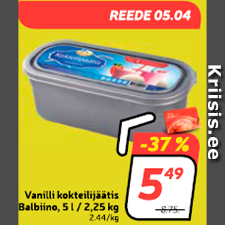 Allahindlus - Vanilli kokteilijäätis Balbino, 5 l / 2,25 kg