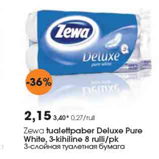 Allahindlus - Zewa tualettpaber Deluxe Pure White, 3-kihiline 8 rulli/pk