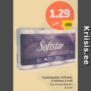 Allahindlus - Tualettpaber Softstar, 3-kihiline, 8 rulli