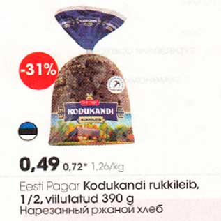 Allahindlus - Eesti Рagar Kodukandi rukkileib, 1/2, viilutatud 390 g