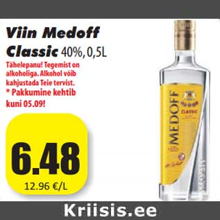 Allahindlus - Viin Medoff Classic40%, 0,5L