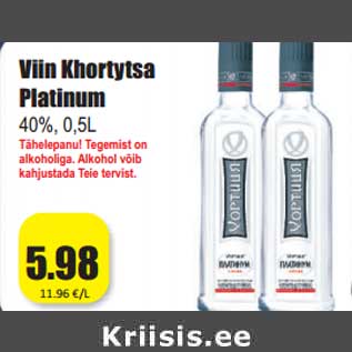 Allahindlus - Viin Khortytsa Platinum 40%, 0,5L