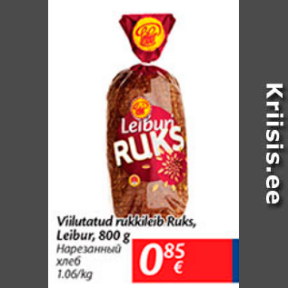 Allahindlus - Viilutatud rukkileib Ruks, Leibur, 800 g