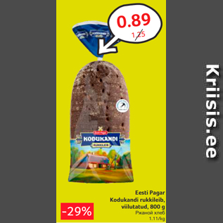 Allahindlus - Eesti Pagar Kodukandi rukkileib, viilutatud, 800 g