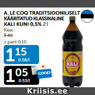 Allahindlus - A.LE COQ TRADITSIOONILISELT KÄÄRITATUD KLASSIKALINE KALI KUNI 0,5%, 2 L