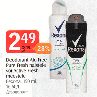 Allahindlus - Deodorant Alu-Free Pure Fresh naistele või Active Fresh meestele