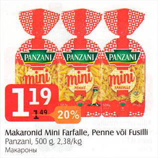 Allahindlus - Makaronid Mini Farfalle, Penne või Fusilli Panzani, 500 g