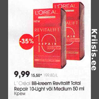 Allahindlus - L"Oreal BB-kreem Revitalift Total Rерair 10-Light või Medium 50 ml