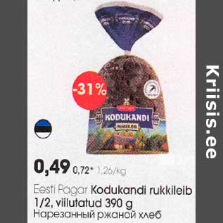 Allahindlus - Eesti Рagar Kodukandi rukkileib l/2, viilutatud 390g