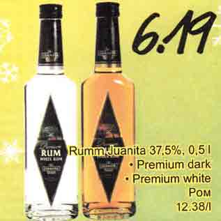 Allahindlus - Rumm Juanita 37,5%,0,5 l .Рrеmium dаrk . Prеmium whitе