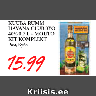 Allahindlus - KUUBA RUMM HAVANA CLUB 3YO 40% 0,7 L + MOIJTO KIT KOMPLEKT