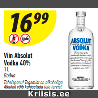 Allahindlus - Viin Absolut Vodka 40% 1 L