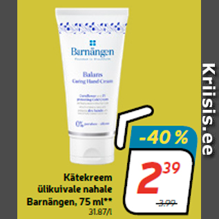 Allahindlus - Kätekreem ülikuivale nahale Barnängen, 75 ml**