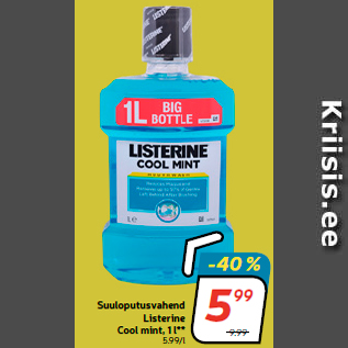 Allahindlus - Suuloputusvahend Listerine Cool mint, 1 l**