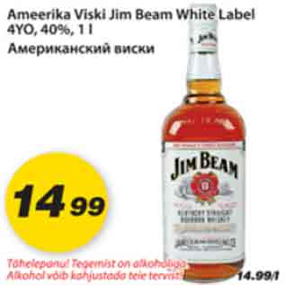 Allahindlus - Ameerika Viski Jim Beam White Label 4YO,40%, 1l