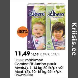 Allahindlus - Libеrо mähkmed Comfort Fit Jumbo-pack Maxi(4), 7-I4 kg 60 tk/pk või Maxi+(5), 10-16 kg 56 tk/pk