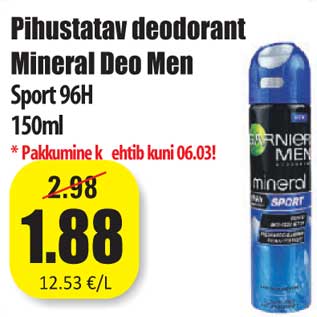 Allahindlus - Pihustatav deodorant Mineral Deo Men Sport 96H 150 ml