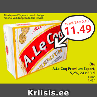 Õlu A.Le Coq Premium Export - Allahindlus - Hüper Rimi, Rimi