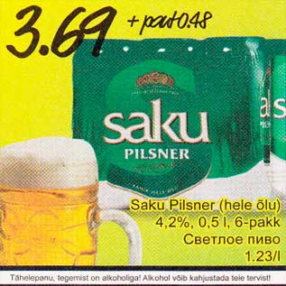 Allahindlus - Saku Pilsner (hele õlu) 4,2%,0,5l, 6-pakk